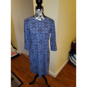 J. McLaughlin Womens Dress Size M Knee Length 3/4 Sleeve Blue White Geometric